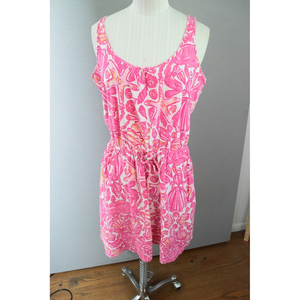 Lilly Pulitzer Pink Shell Print Sleeveless Dress Drawstring Waist Medium M